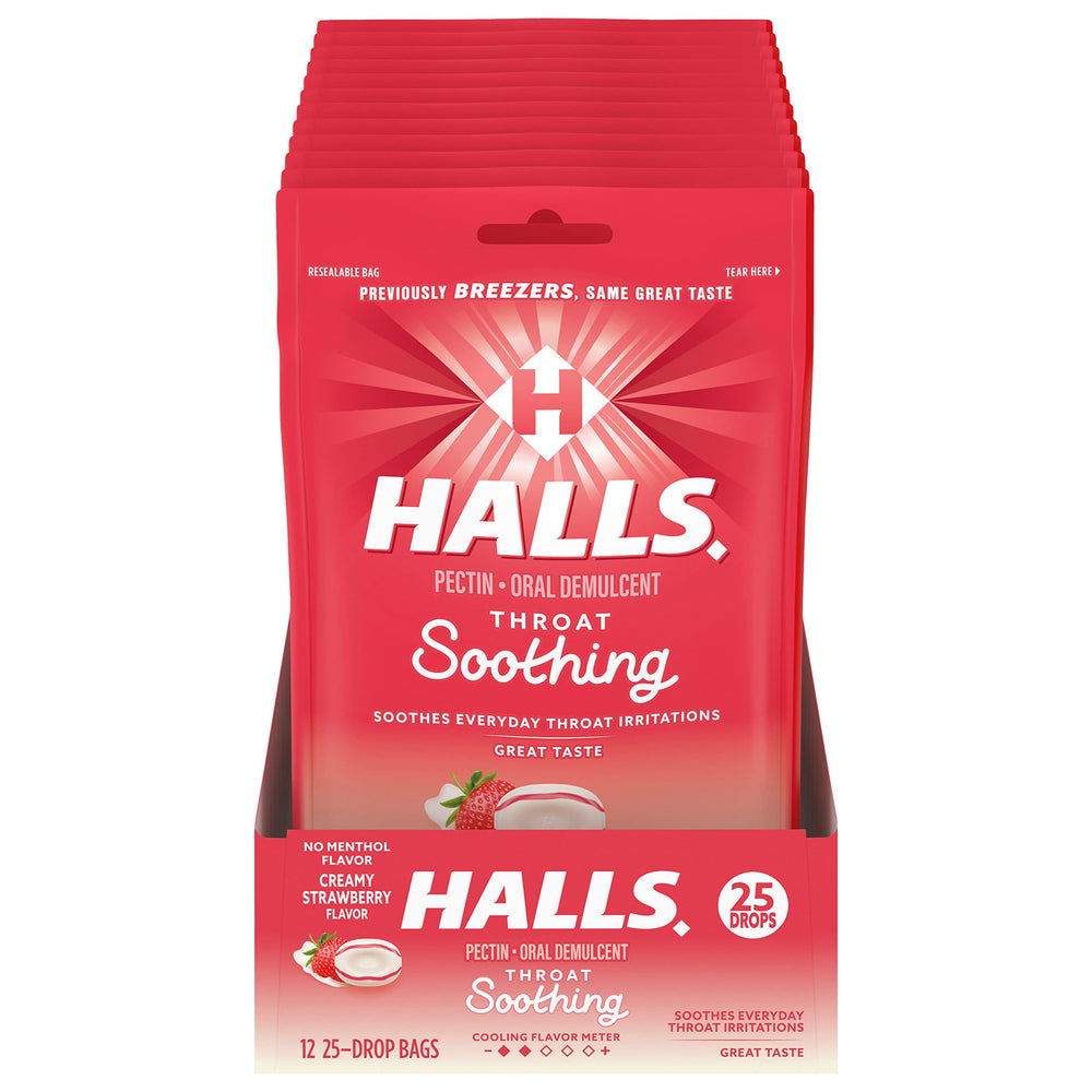 HALLS creamy strawberry throat drops in a resealable pouch for on-the-go relief.