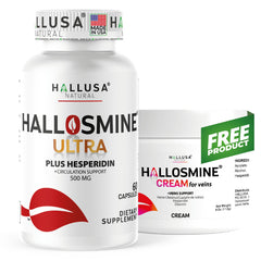 Hallusa Natural Hallosmine bottle front view, easy daily capsules for routine vein support.