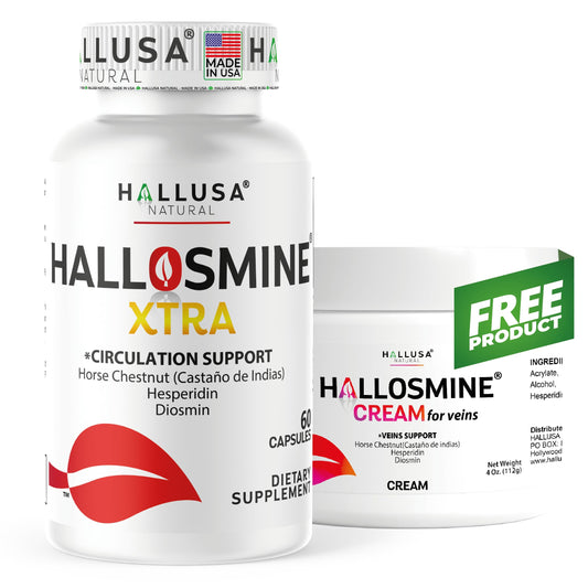 Hallusa Natural Hallosmine Xtra bottle front view for vein support and leg comfort