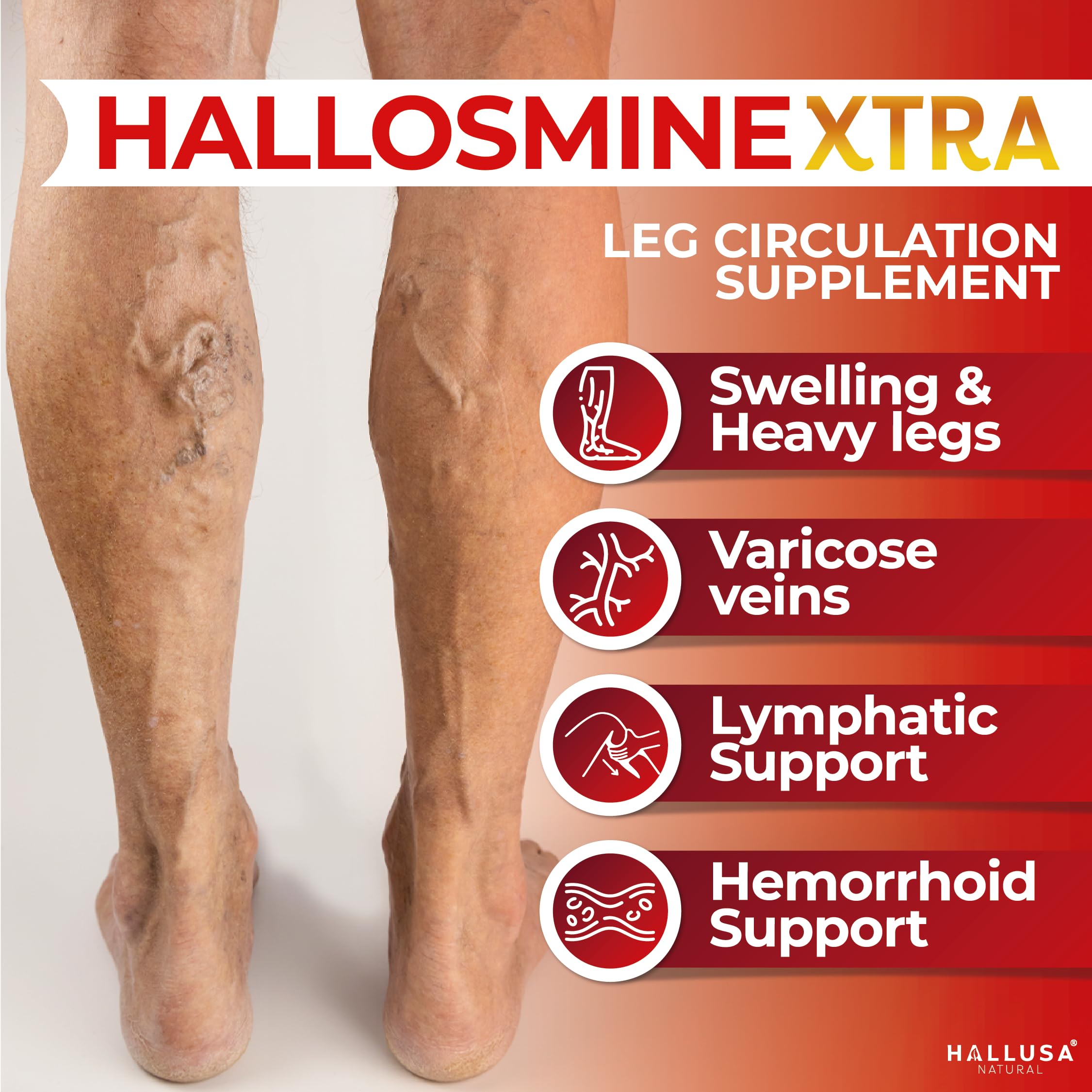 Hallusa Natural Hallosmine Xtra capsules close-up showing diosmin, hesperidin, and horse chestnut