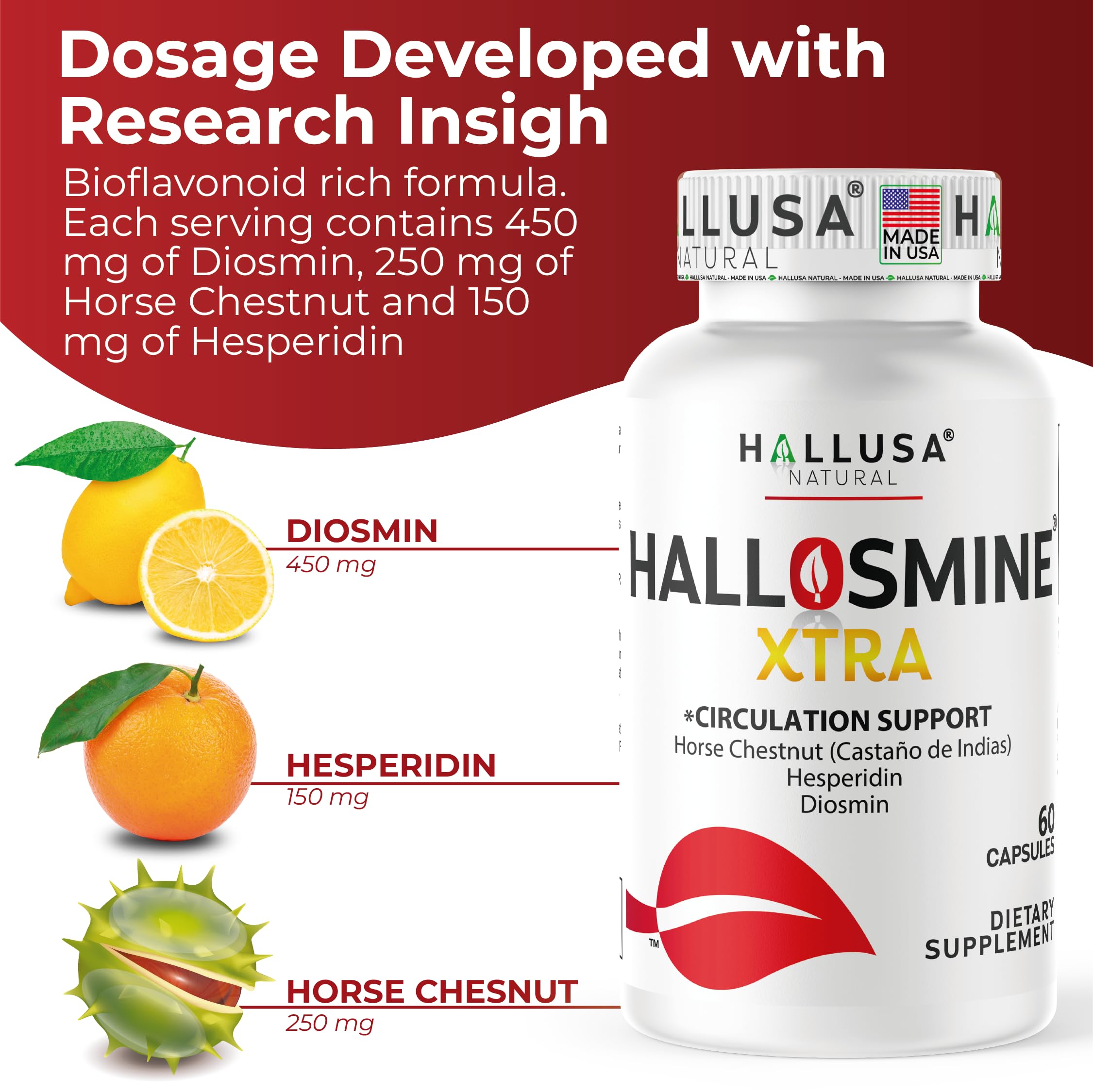 Hallosmine Xtra diosmin-hesperidin labels on bottle highlight vascular support