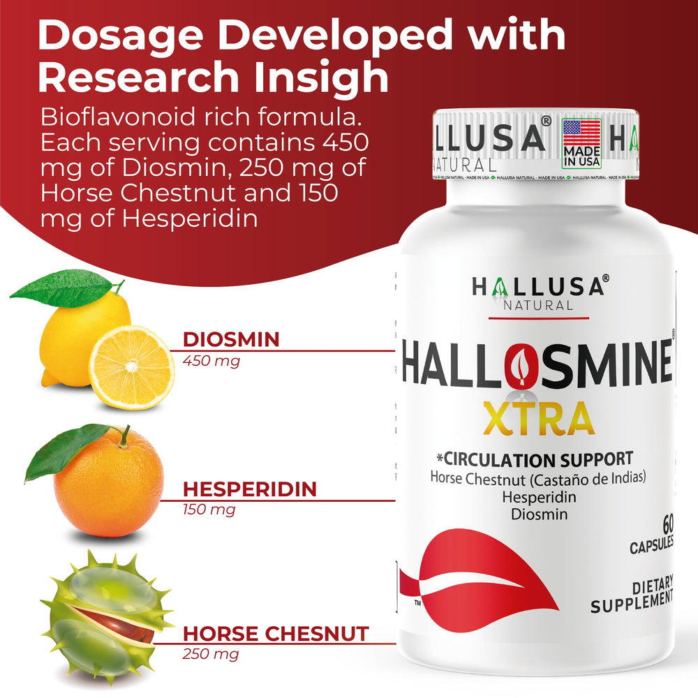 Hallosmine Xtra diosmin-hesperidin labels on bottle highlight vascular support