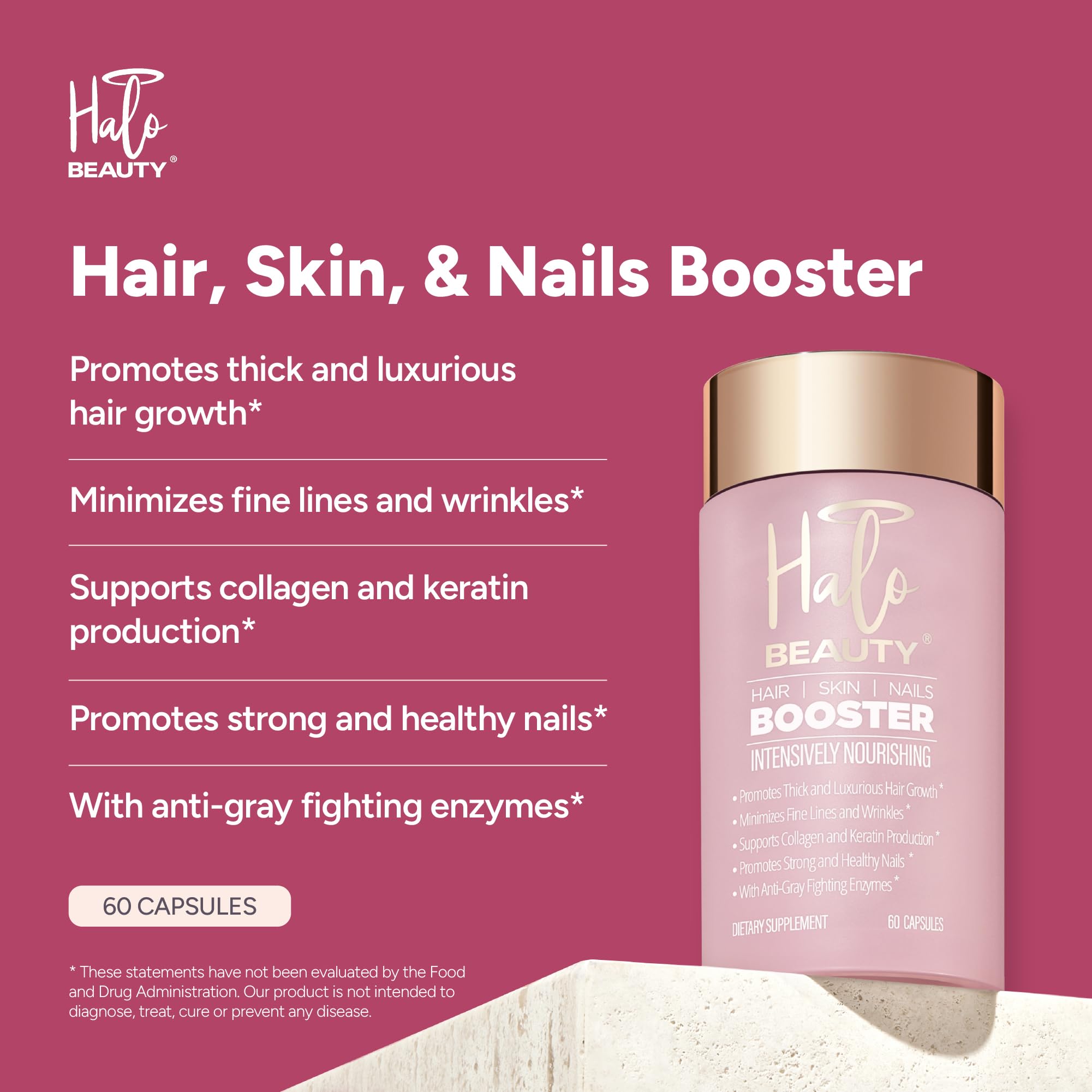 Halo Beauty daily capsules close-up showing easy, vegan nutrition for hair and nails.