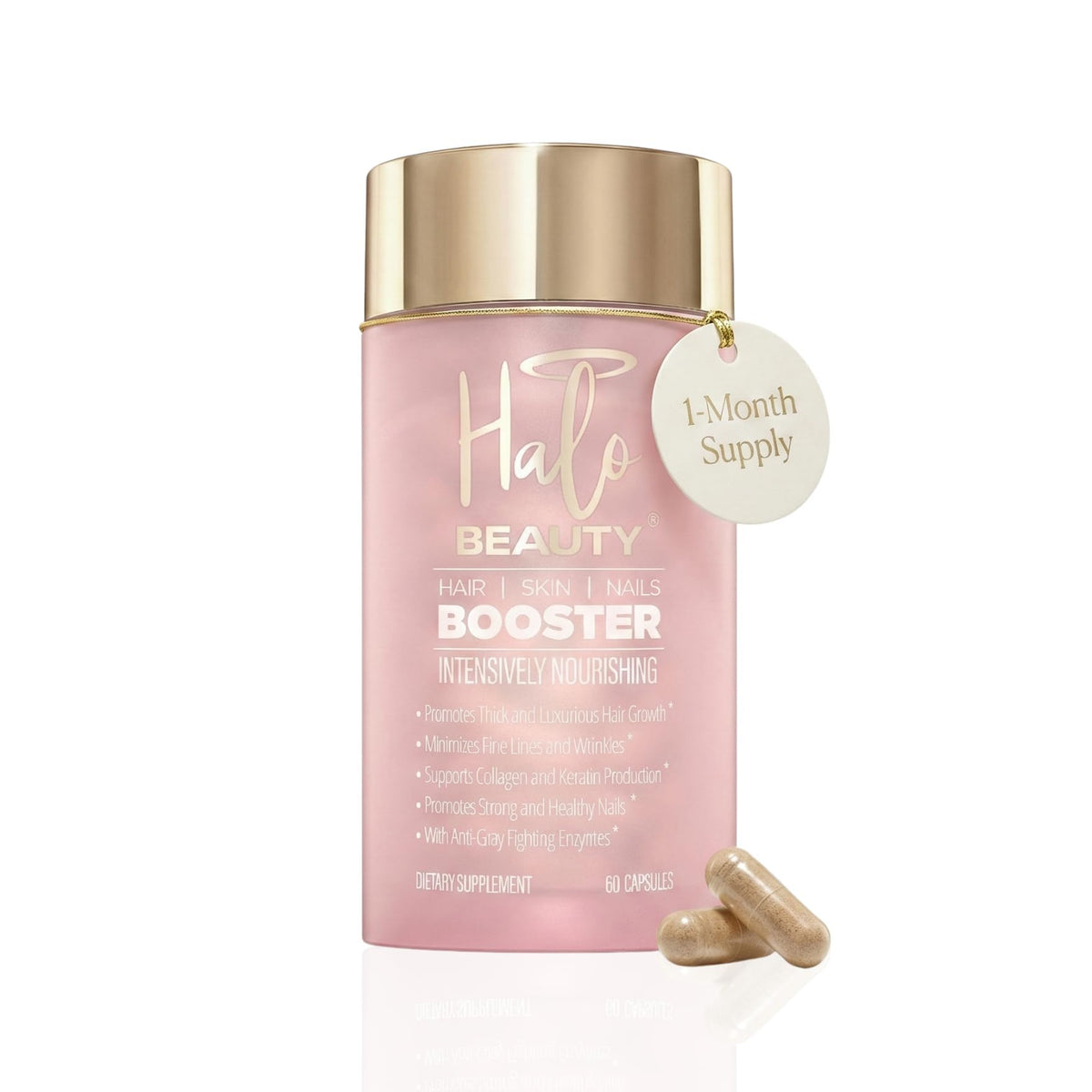 Halo Beauty hair skin nails bottle supports daily wellness for beauty maintenance.