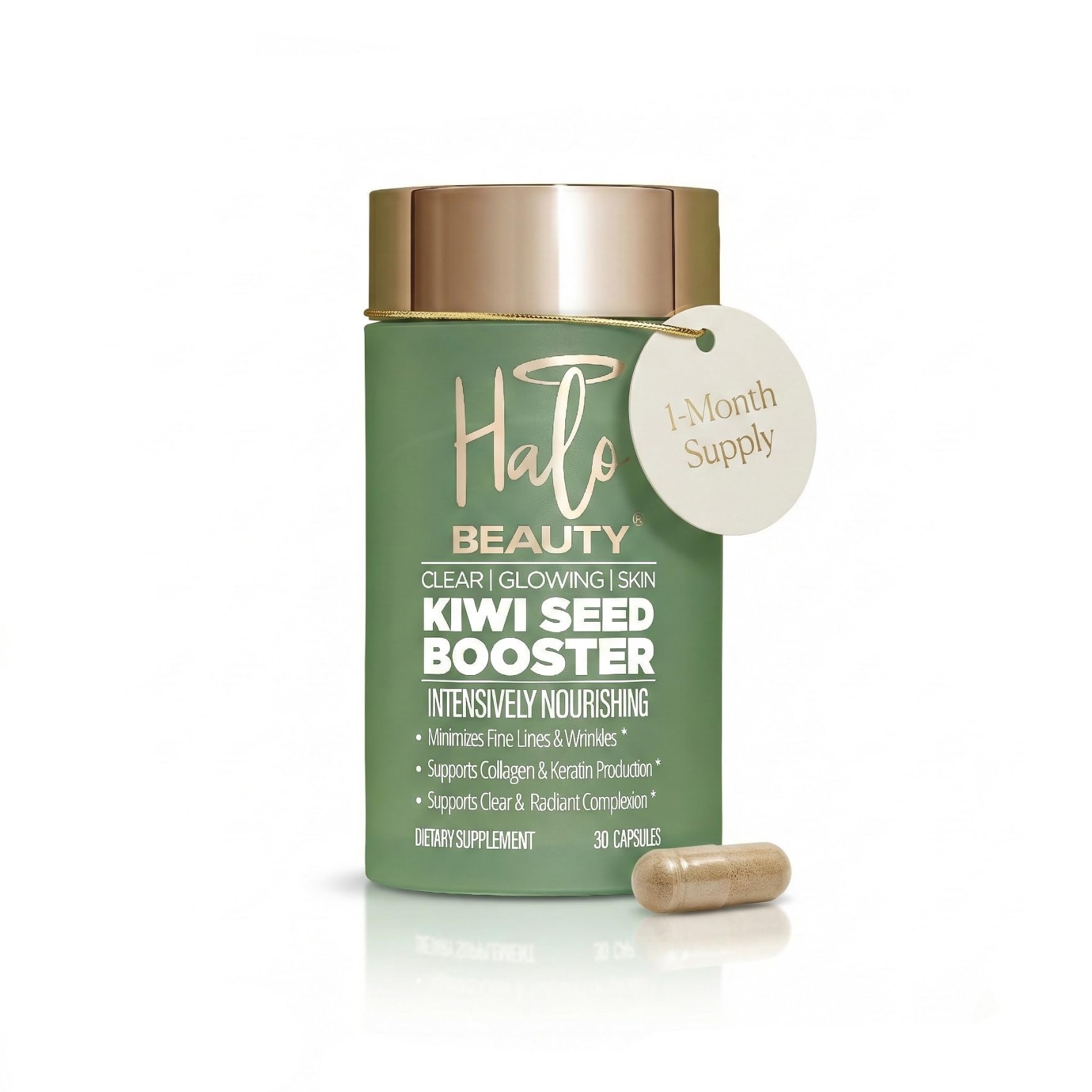 Halo Beauty Kiwi Seed Booster bottle for daily skin support and hydration