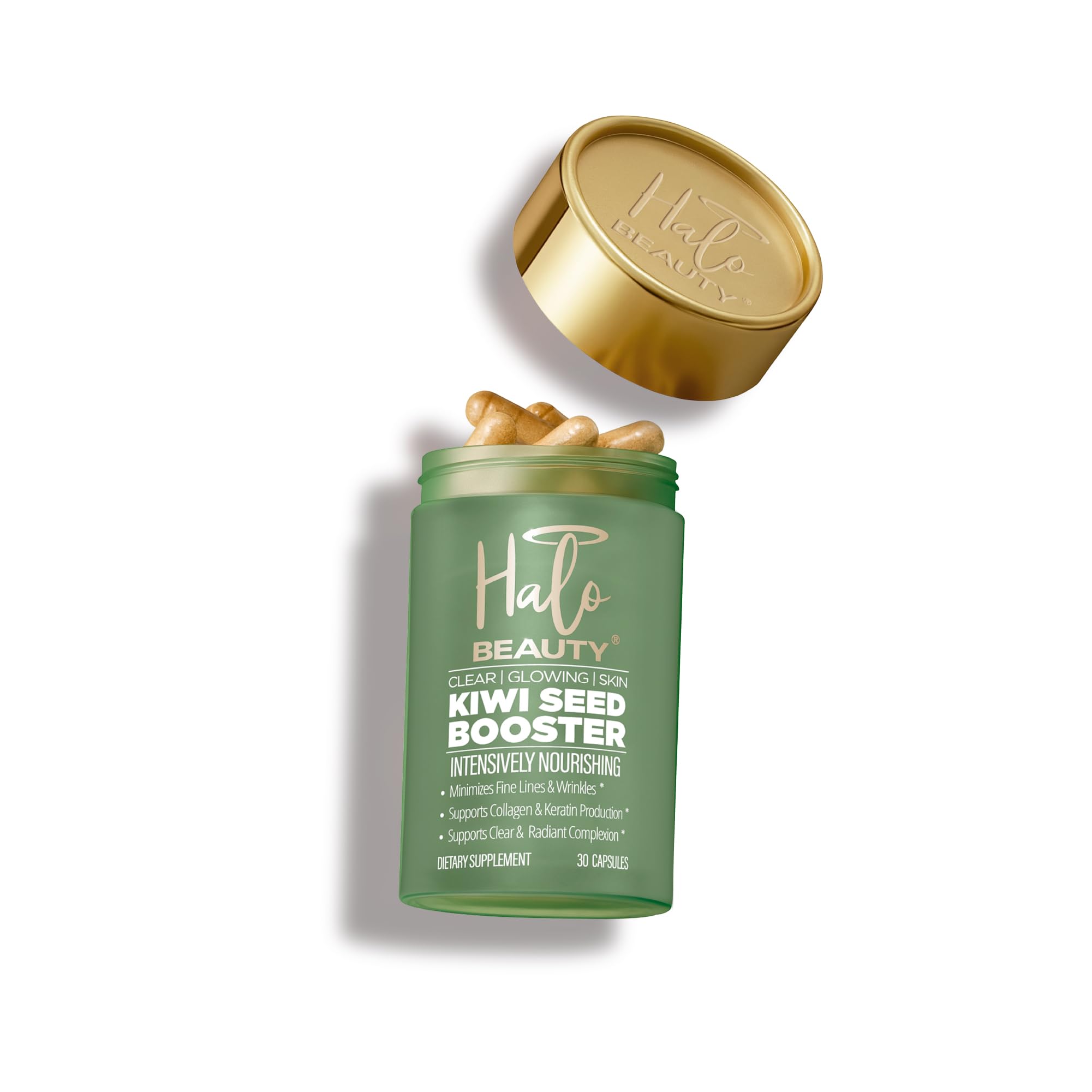 Halo Beauty Kiwi Seed Booster capsule pour showing convenient daily intake