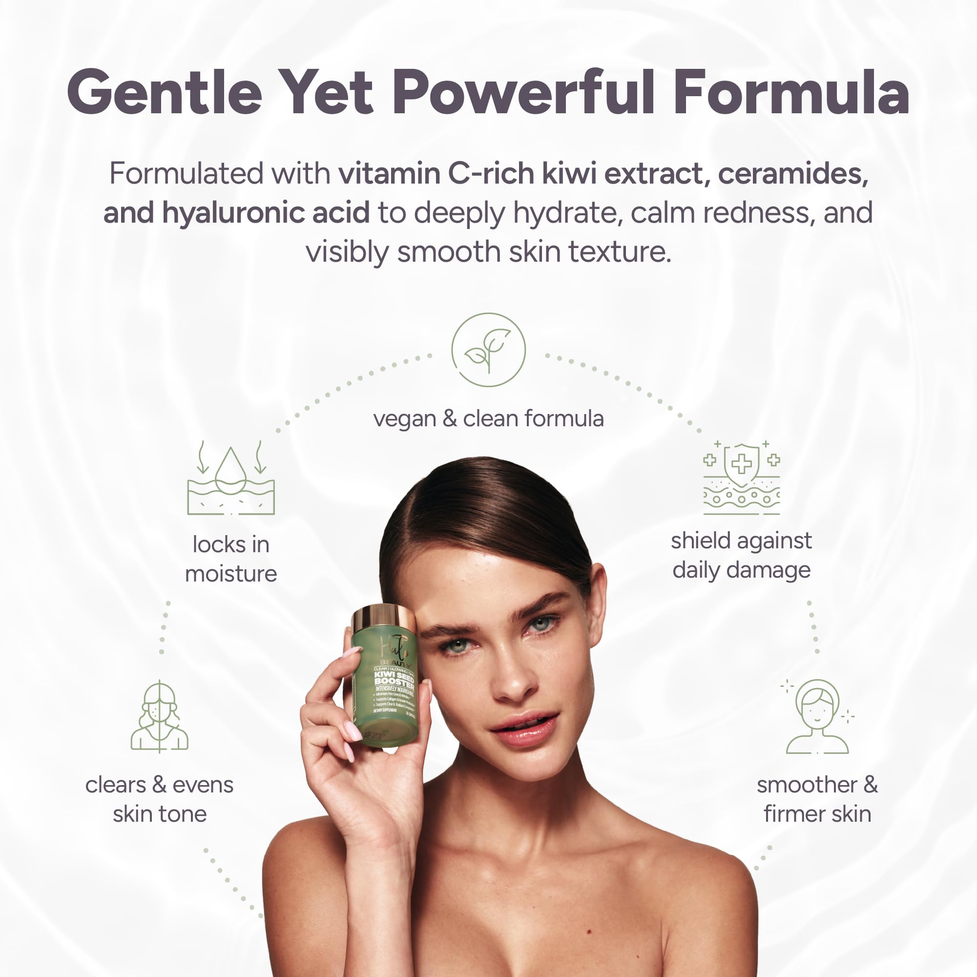 Halo Beauty Kiwi Seed Booster capsules ready for daily use in a vegan routine