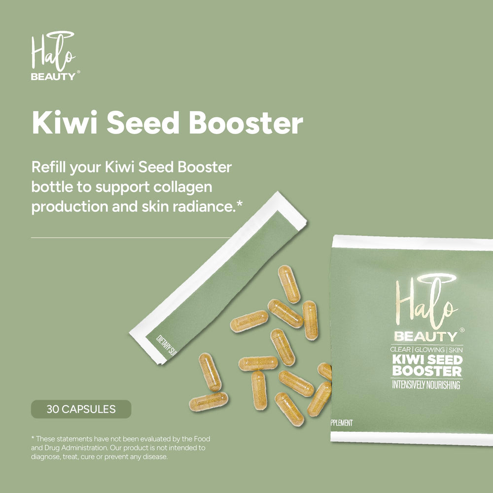 Halo Beauty Kiwi Seed Booster label shows kiwi seed extract for skin vitality.