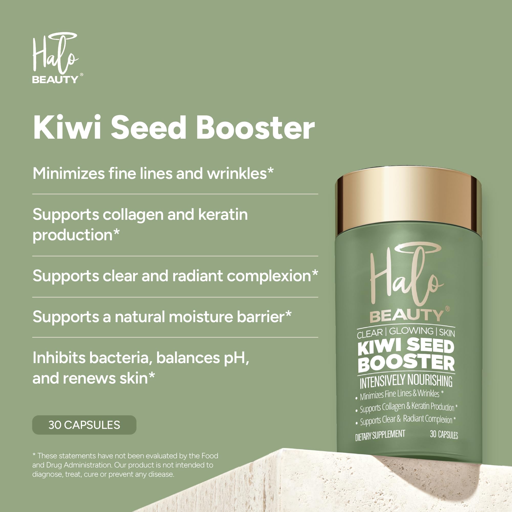 Halo Beauty Kiwi Seed Booster label highlighting clean, vegan ingredients for skin health