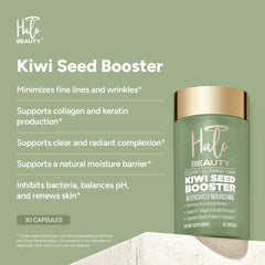 Halo Beauty Kiwi Seed Booster label highlighting clean, vegan ingredients for skin health