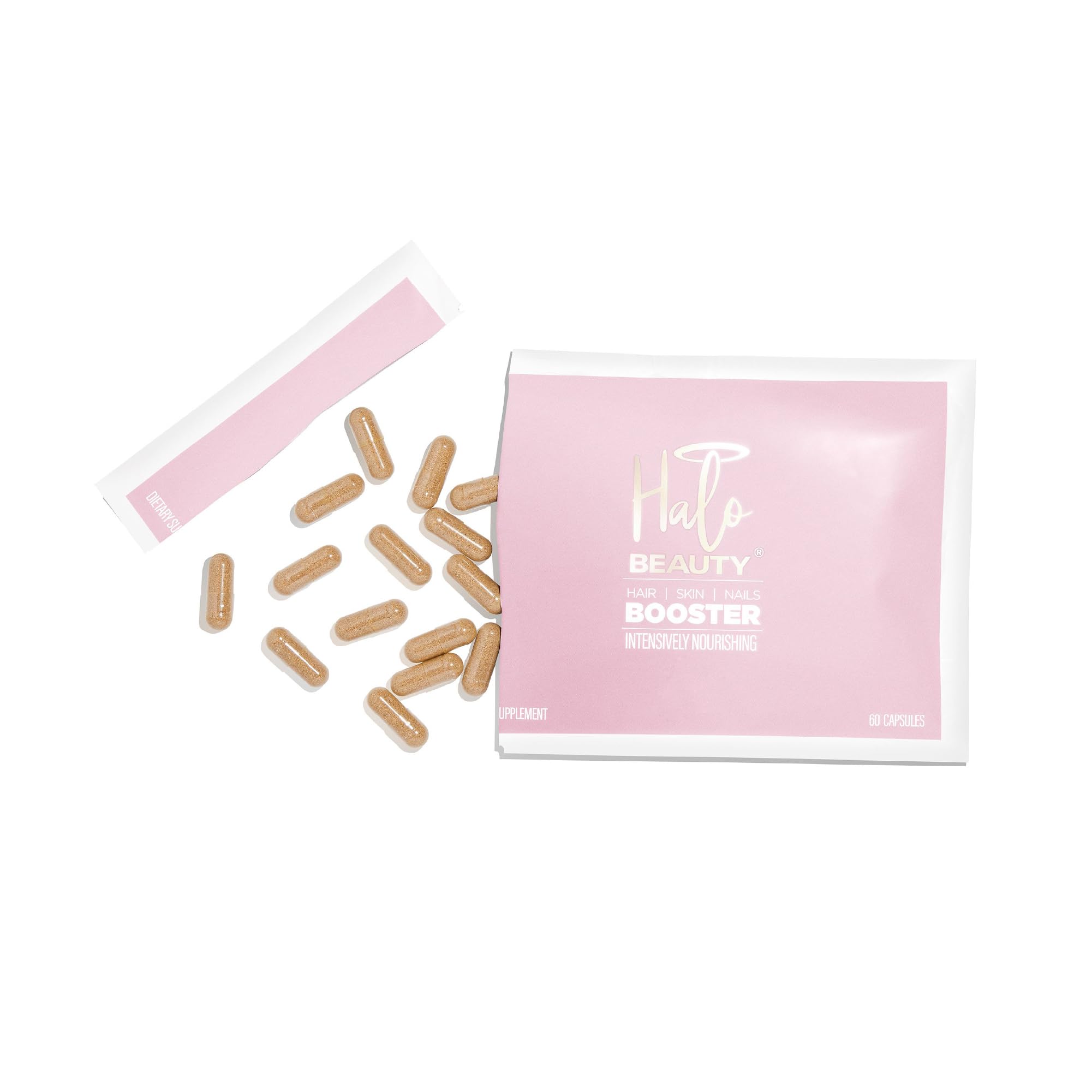 Halo Beauty refill pack bottle closeup showing convenient one-month vegan capsules.
