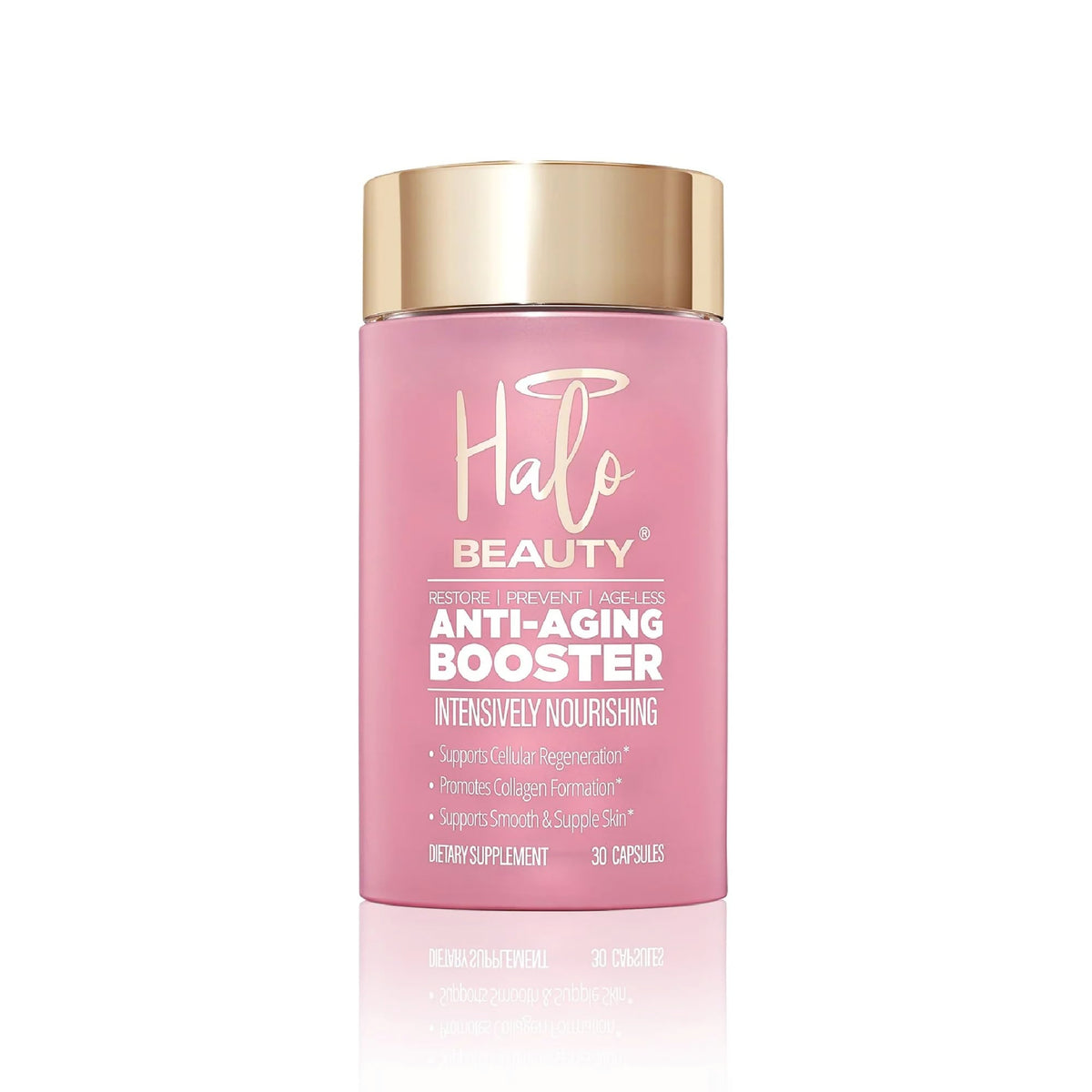 Halo Beauty Sakura anti-aging supplement bottle highlights vegan capsules for skin vitality.