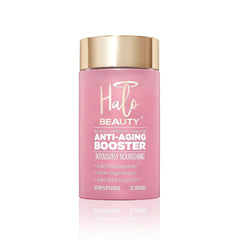 Halo Beauty Sakura anti-aging supplement bottle highlights vegan capsules for skin vitality.
