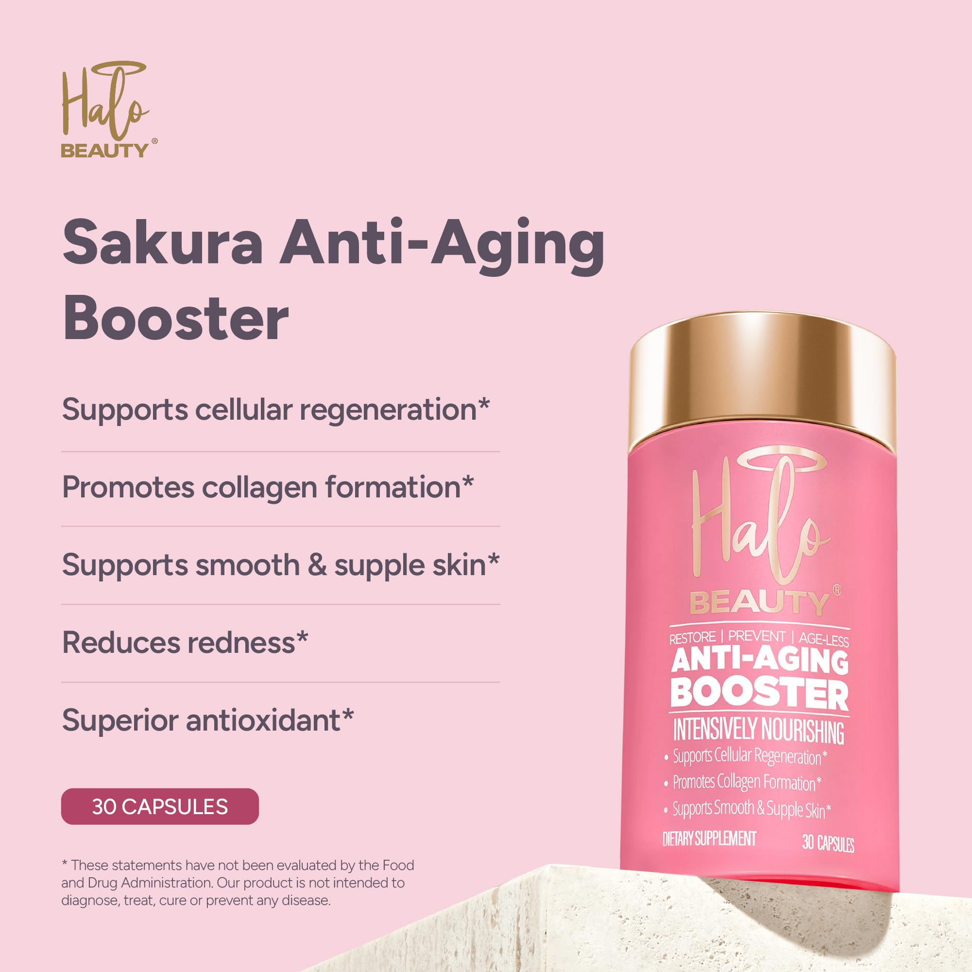Halo Beauty Sakura capsules closeup emphasizes NAD+ powered formula for cellular energy.
