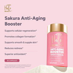 Halo Beauty Sakura capsules closeup emphasizes NAD+ powered formula for cellular energy.