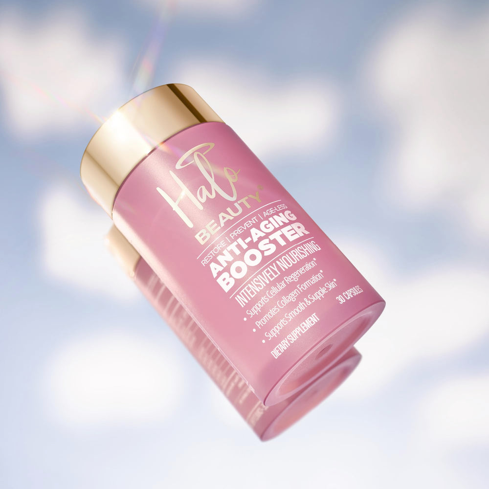 Halo Beauty Sakura ingredients layout highlights cherry blossom and blueberry extracts for antioxidant protection.