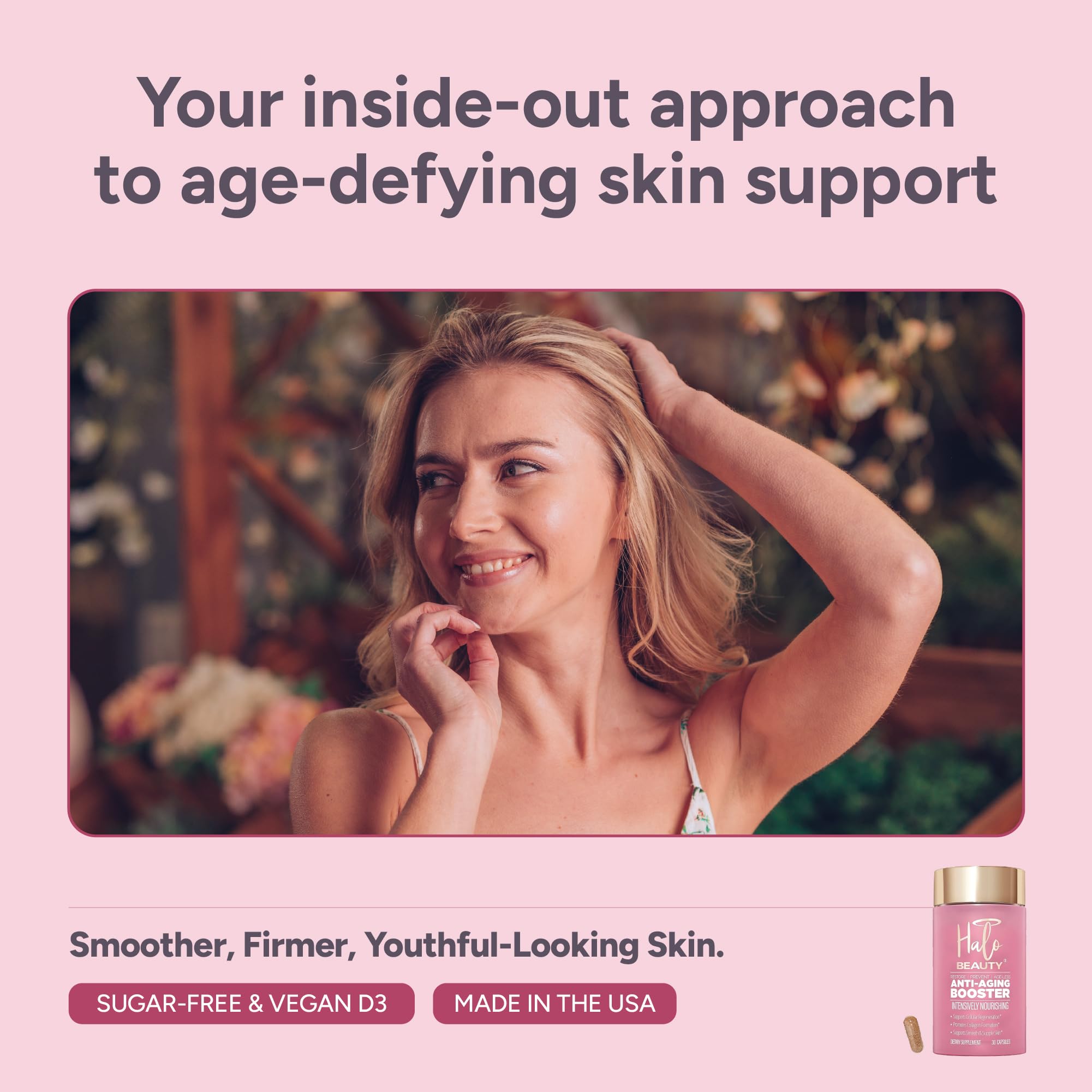 Halo Beauty Sakura packaged display suggests daily vegan capsules for consistent skin nourishment.