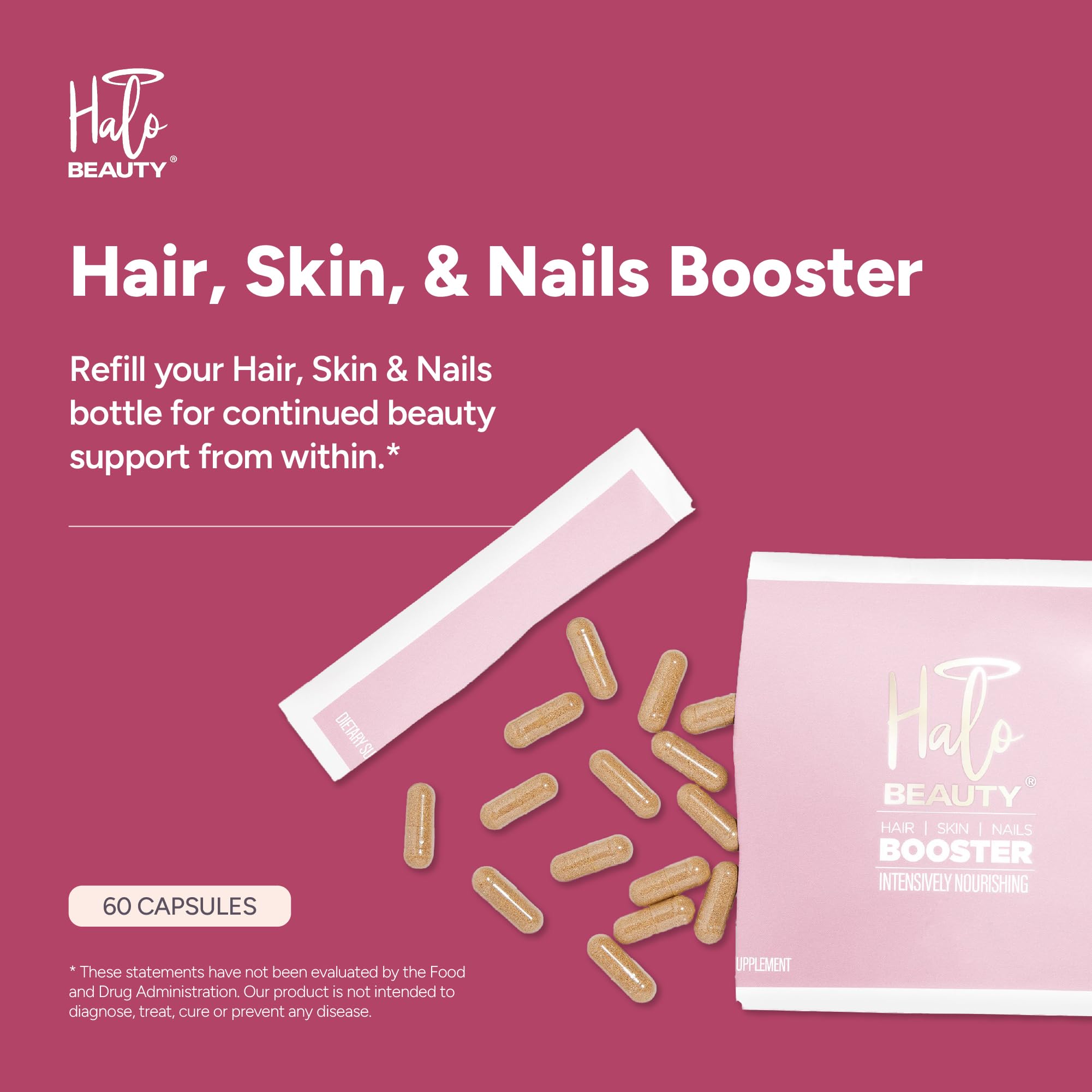 Halo Beauty vegan capsules pack front highlights easy daily supplementation for vegans.