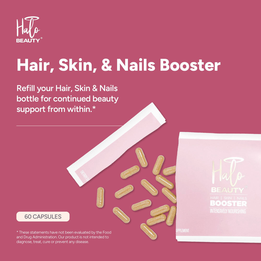 Halo Beauty vegan capsules pack front highlights easy daily supplementation for vegans.