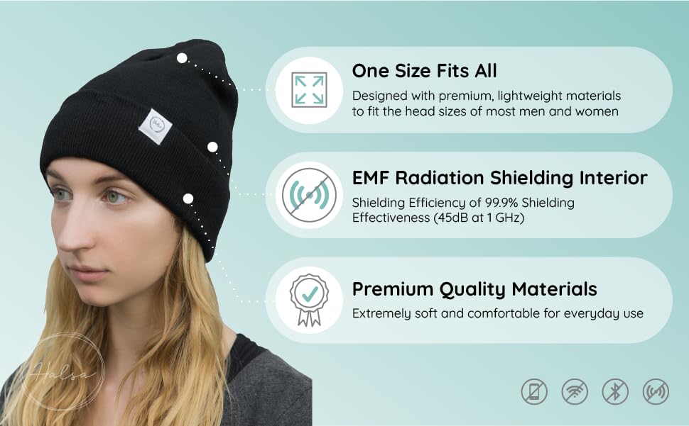 Halsa EMF Beanie knit exterior designed for comfortable city wear.