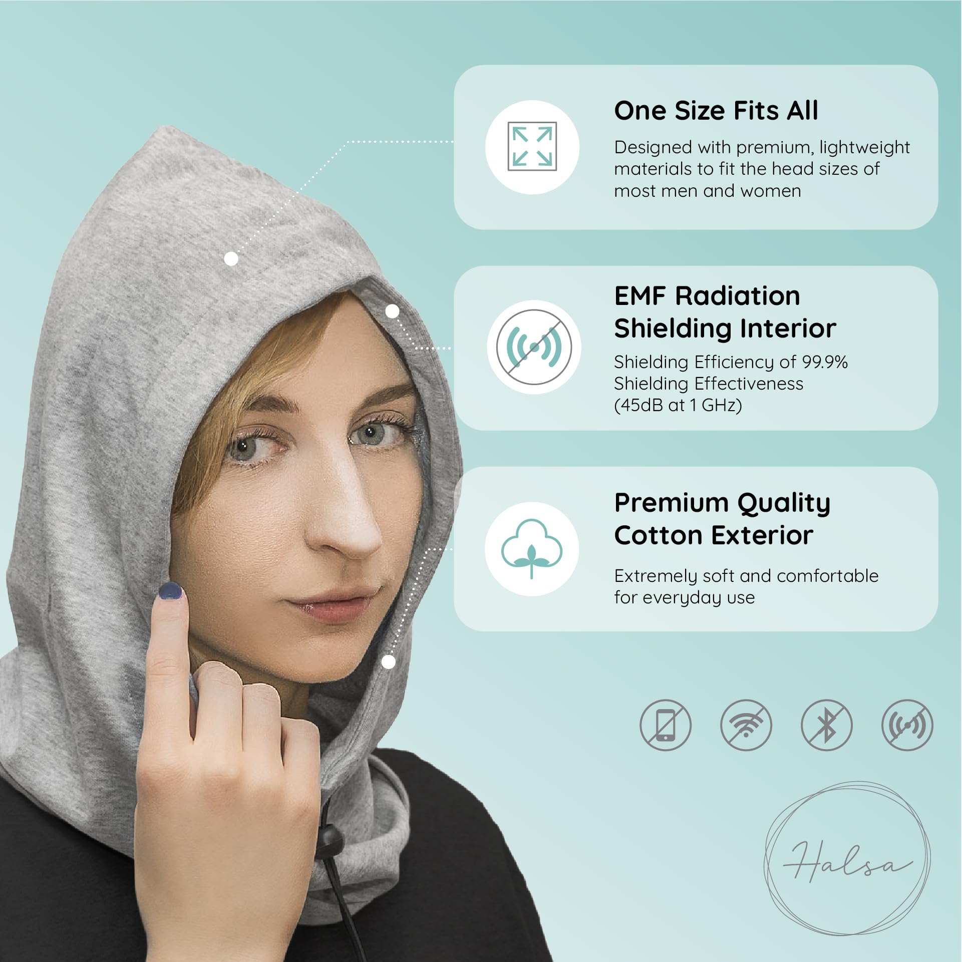 Halsa EMF Hat side view showing breathable fabric for everyday comfort.
