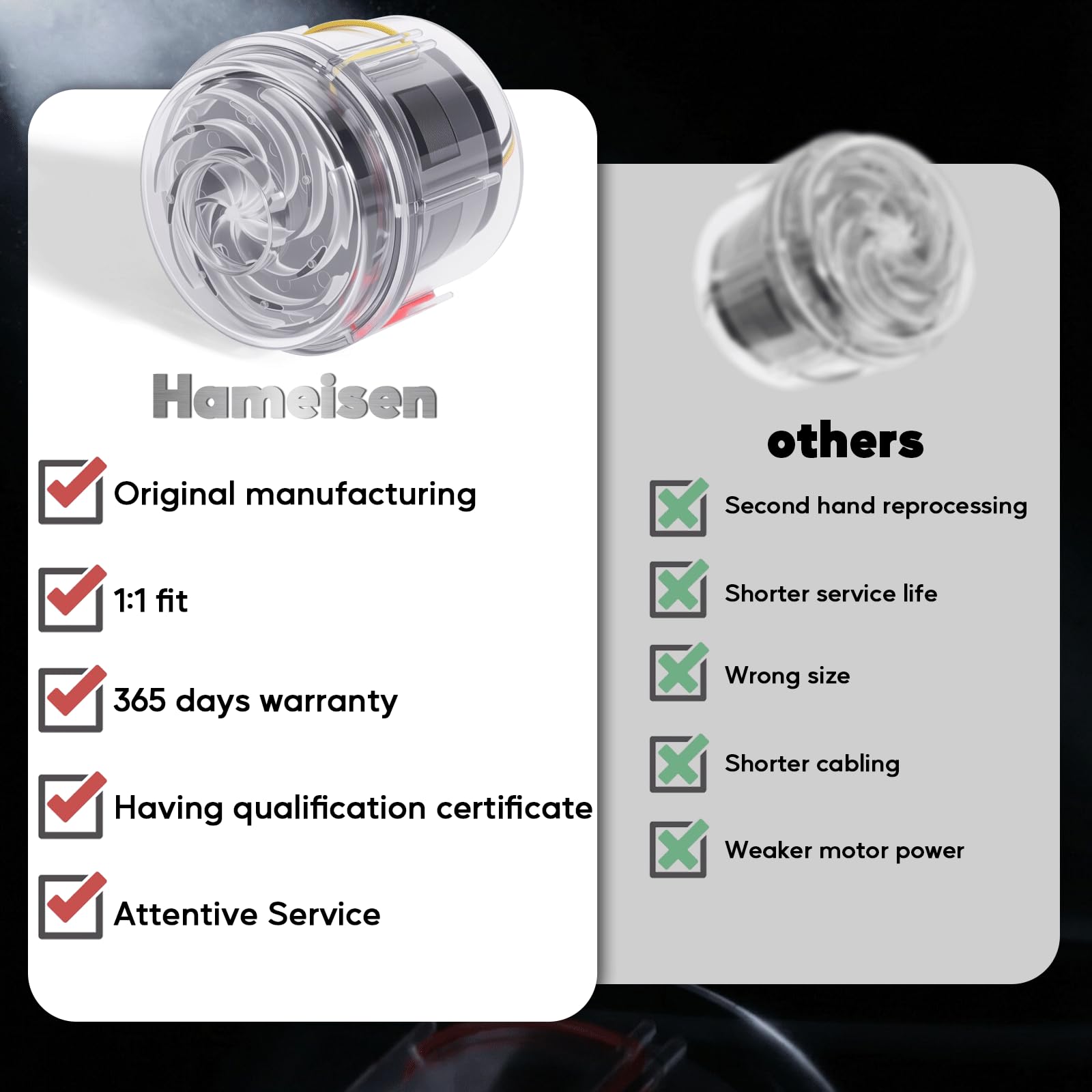 Hameisen CPAP motor in packaging signifies ready-to-install replacement option.