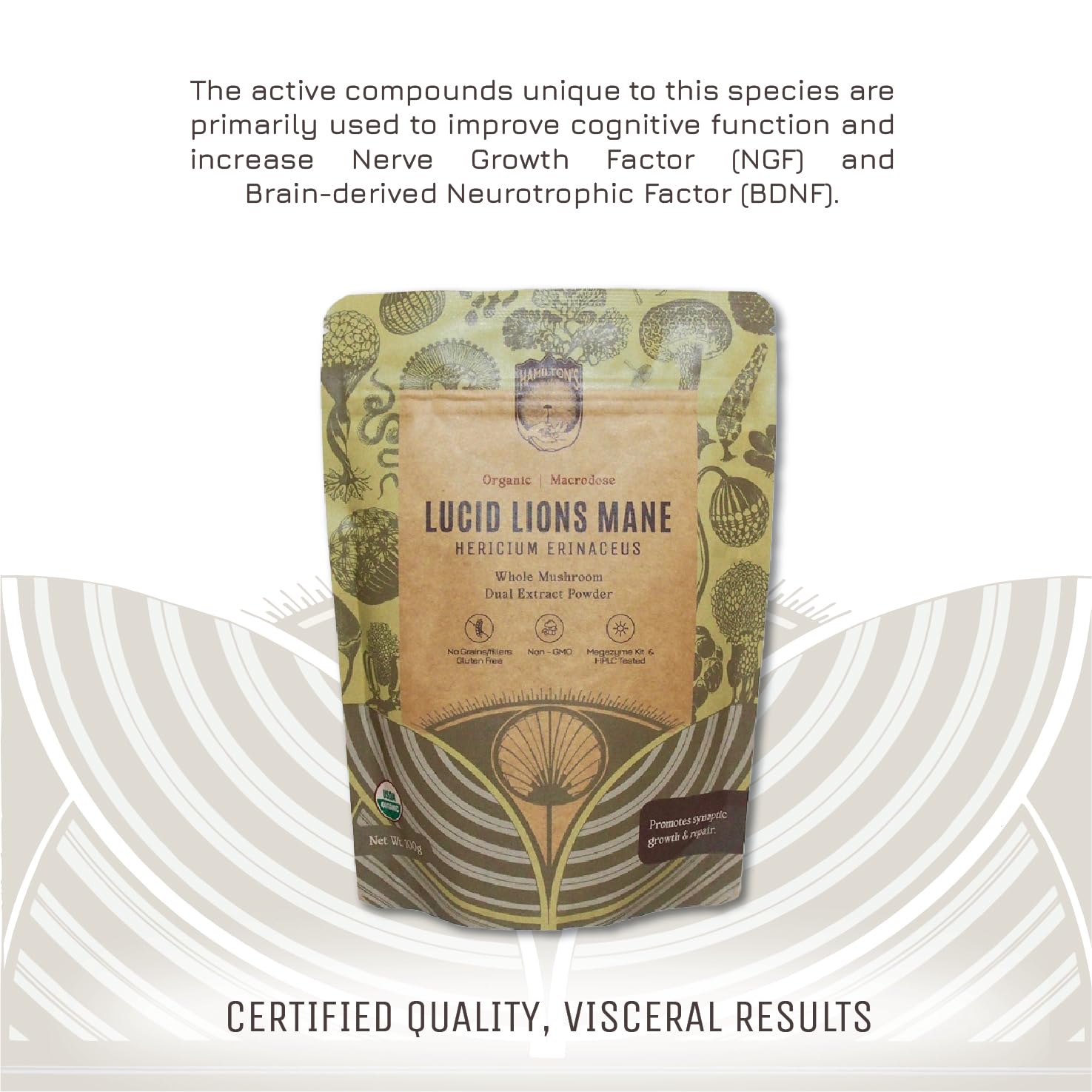 Organic-certified Hamilton's Lucid Lion's Mane packaging highlighting quality.
