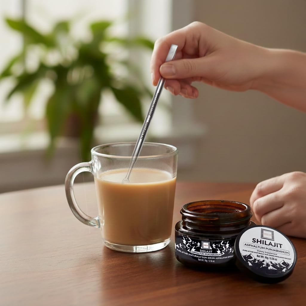 Shilajit dissolving in warm liquid for easy daily integration.