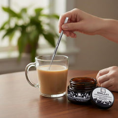 Shilajit dissolving in warm liquid for easy daily integration.