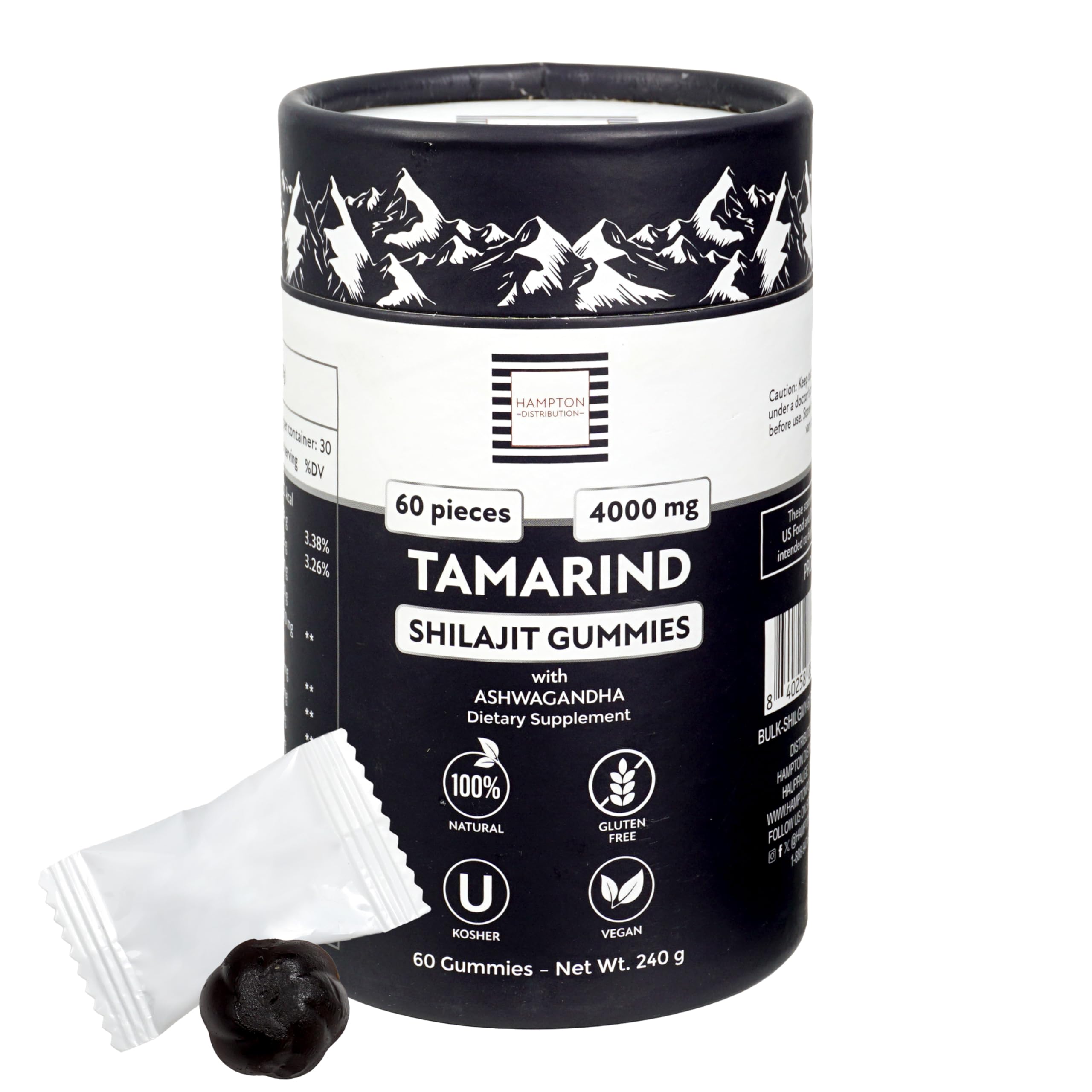 Hampton Distribution Shilajit Gummies label view emphasizing purity and certifications.