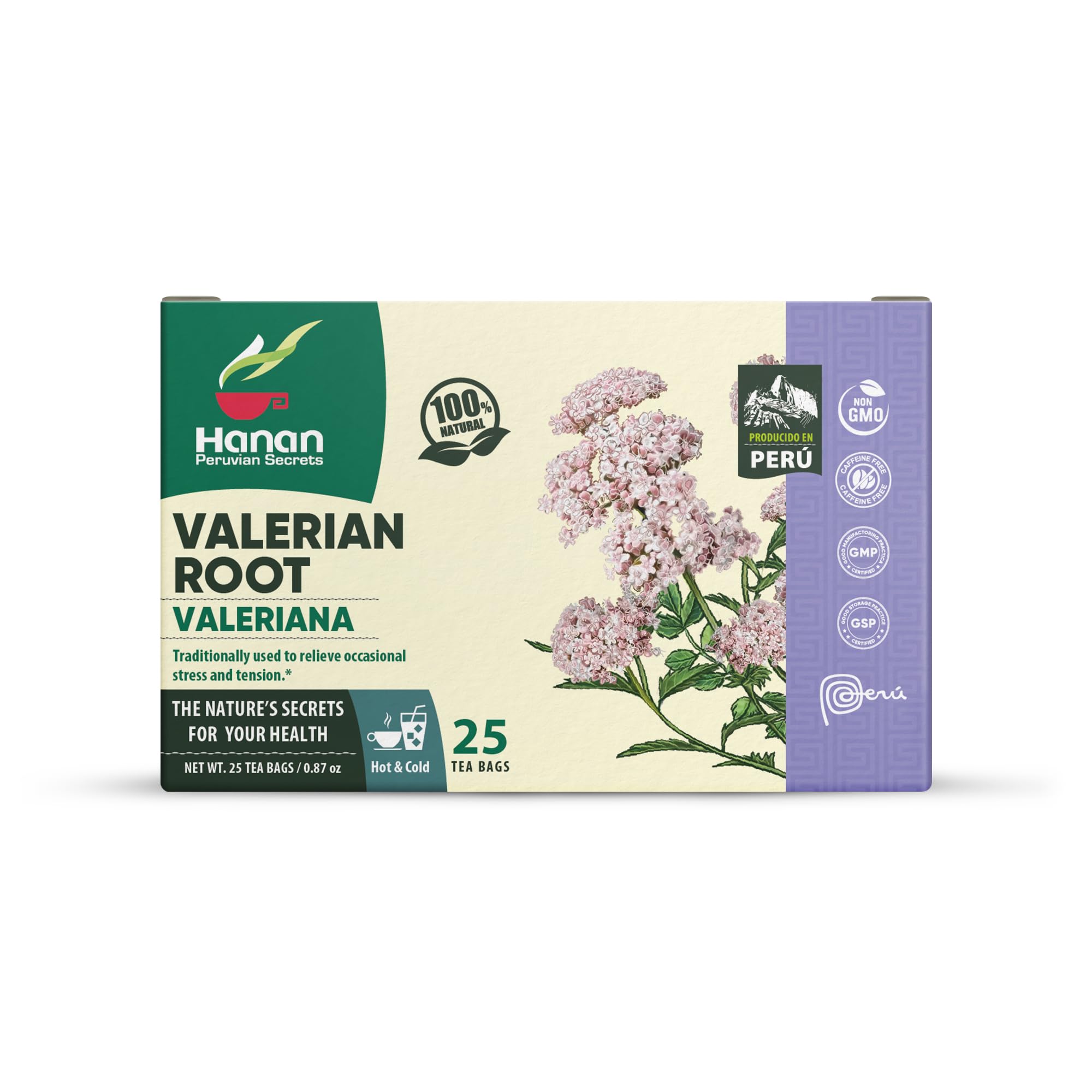 Hanan Valerian Tea bag closeup showing natural herbs and calming aroma.