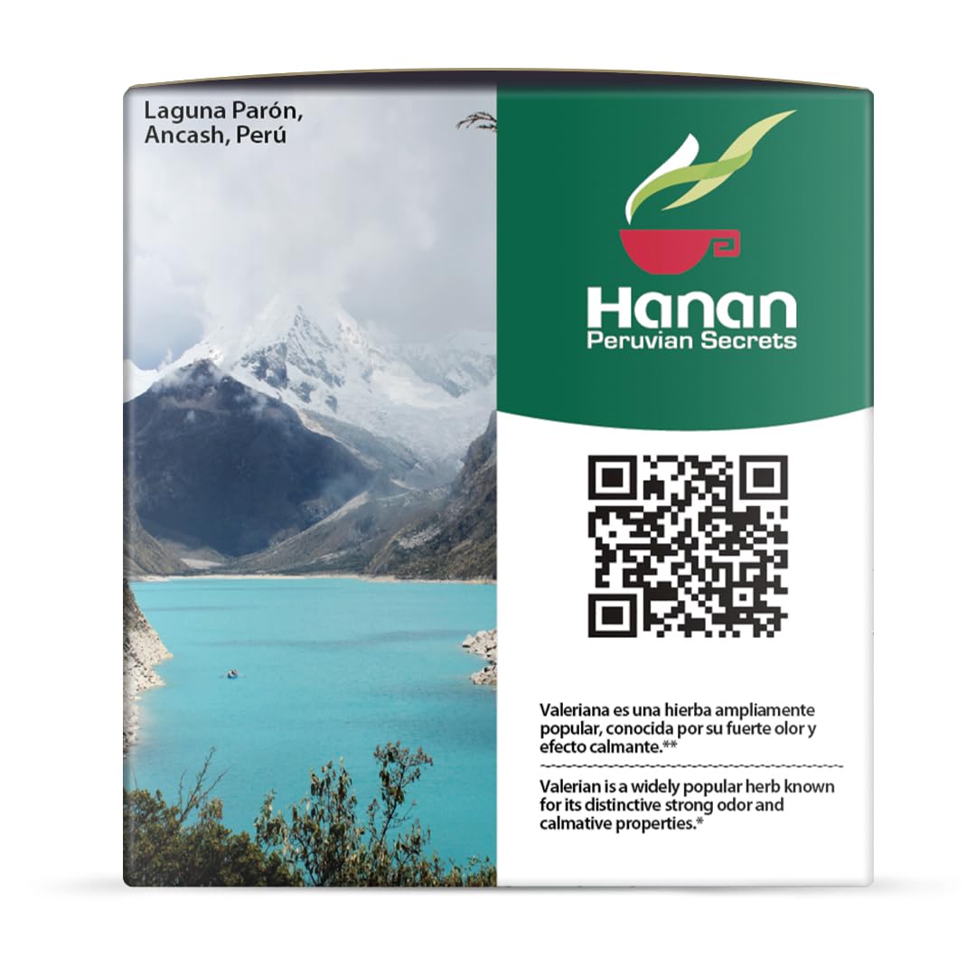 Hanan Valerian Tea label detail highlighting caffeine-free, natural herbal blend.