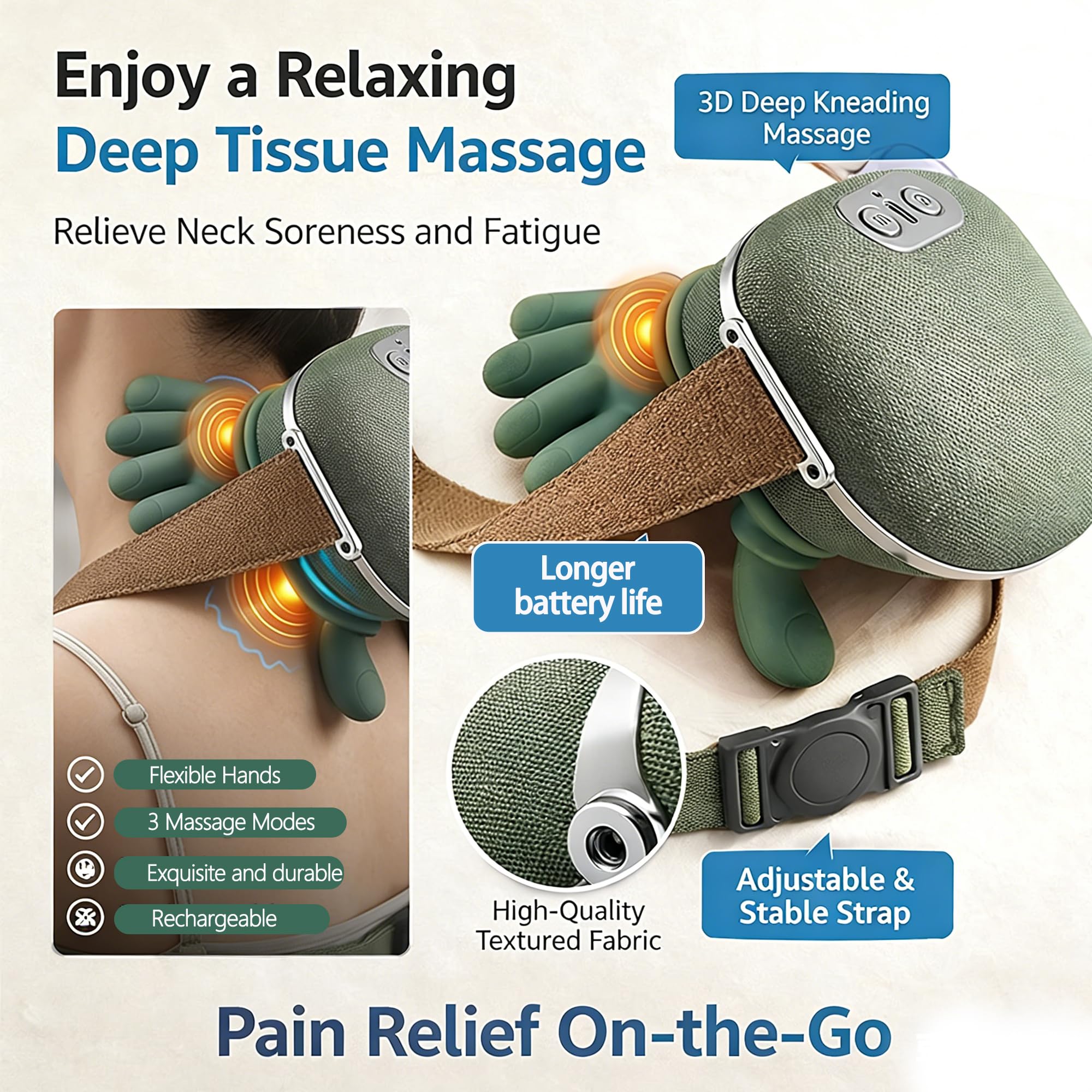 Hand Neck Massager airbag pinch close-up demonstrates soothing pressure.