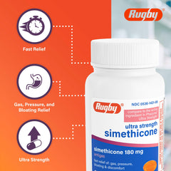 Hands holding Rugby gas relief bottle, quick-dosing after meals for comfort.