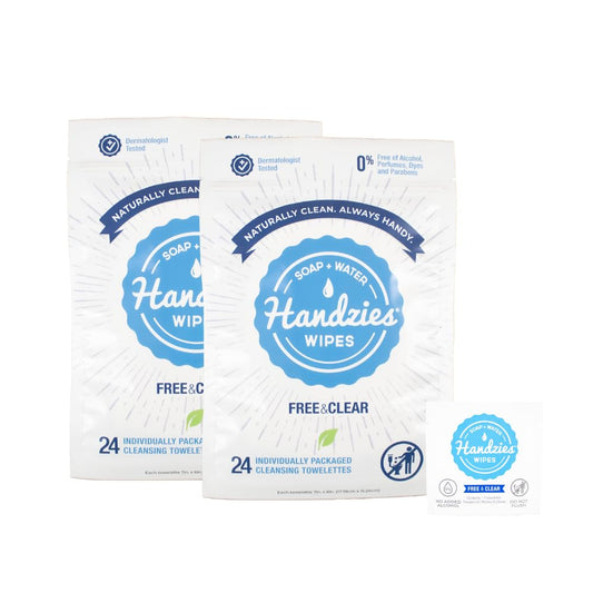 Handzies natural soap and water wipes packaging close-up highlighting an alcohol-free option.
