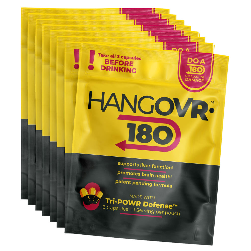 Hangovr 180 Tri-Power Defense bottle pour showing a quick pre-drinking routine