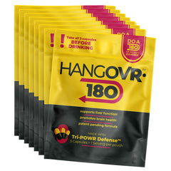 Hangovr 180 Tri-Power Defense bottle pour showing a quick pre-drinking routine