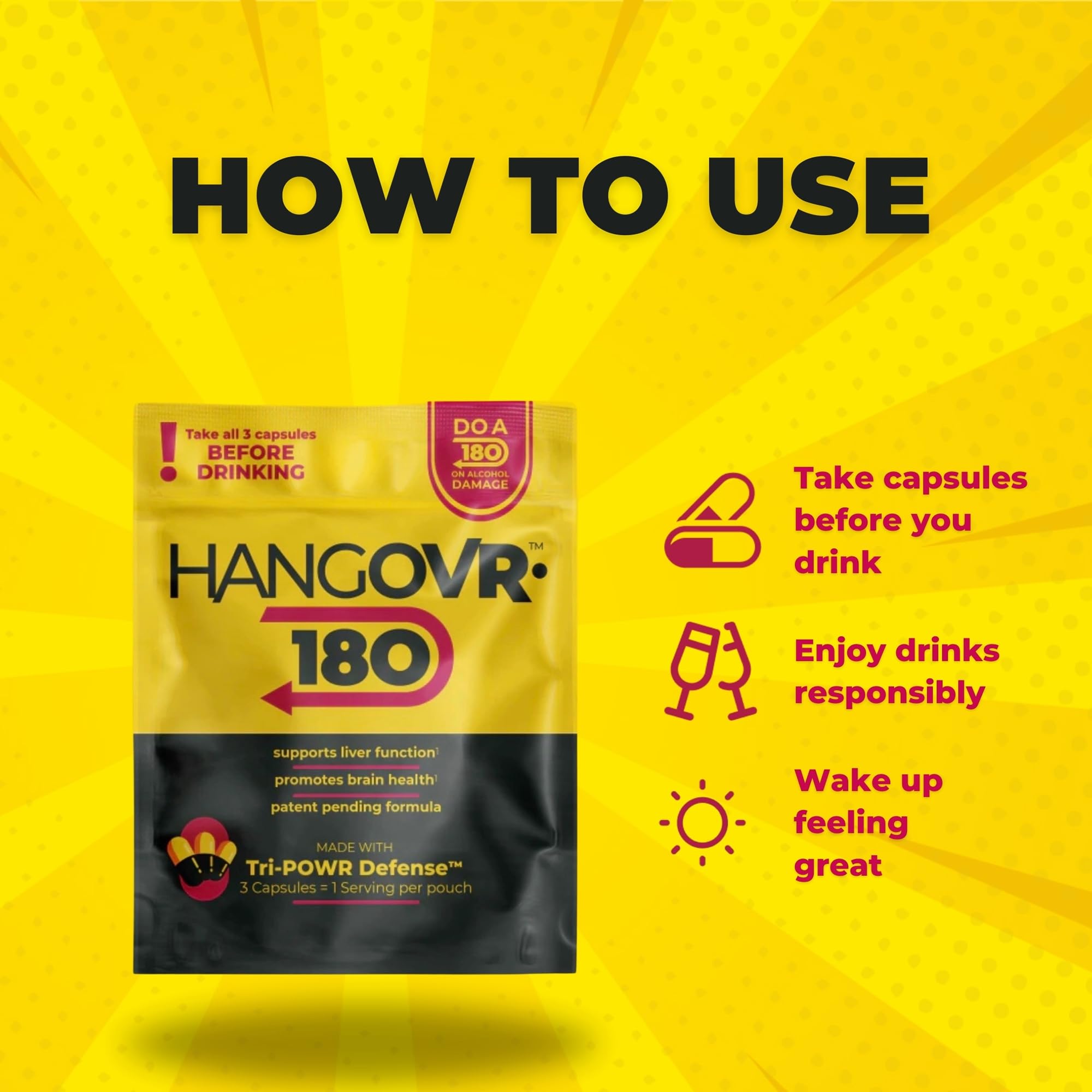 Close-up of Hangovr 180 Tri-Power Defense capsules for easy pre-event use