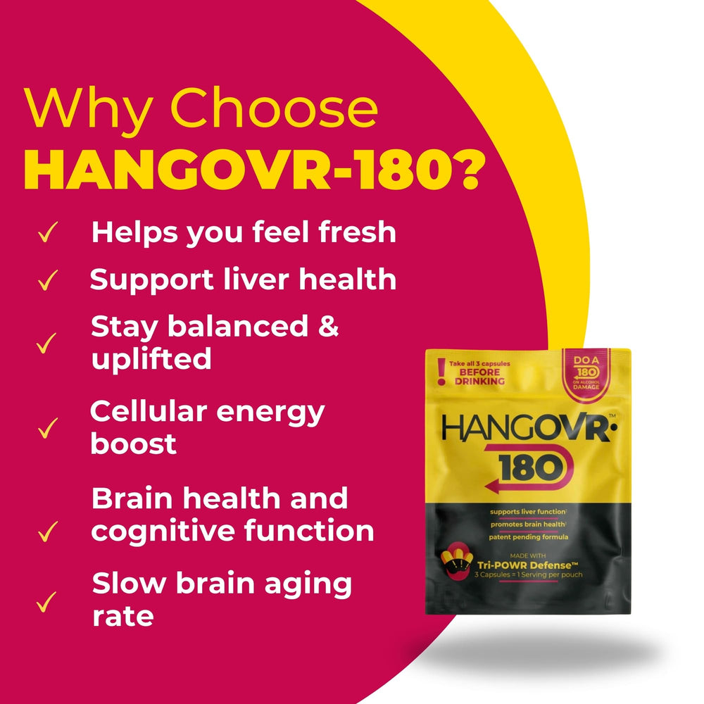 Hangovr 180 Tri-Power Defense label and graphics highlighting premium design