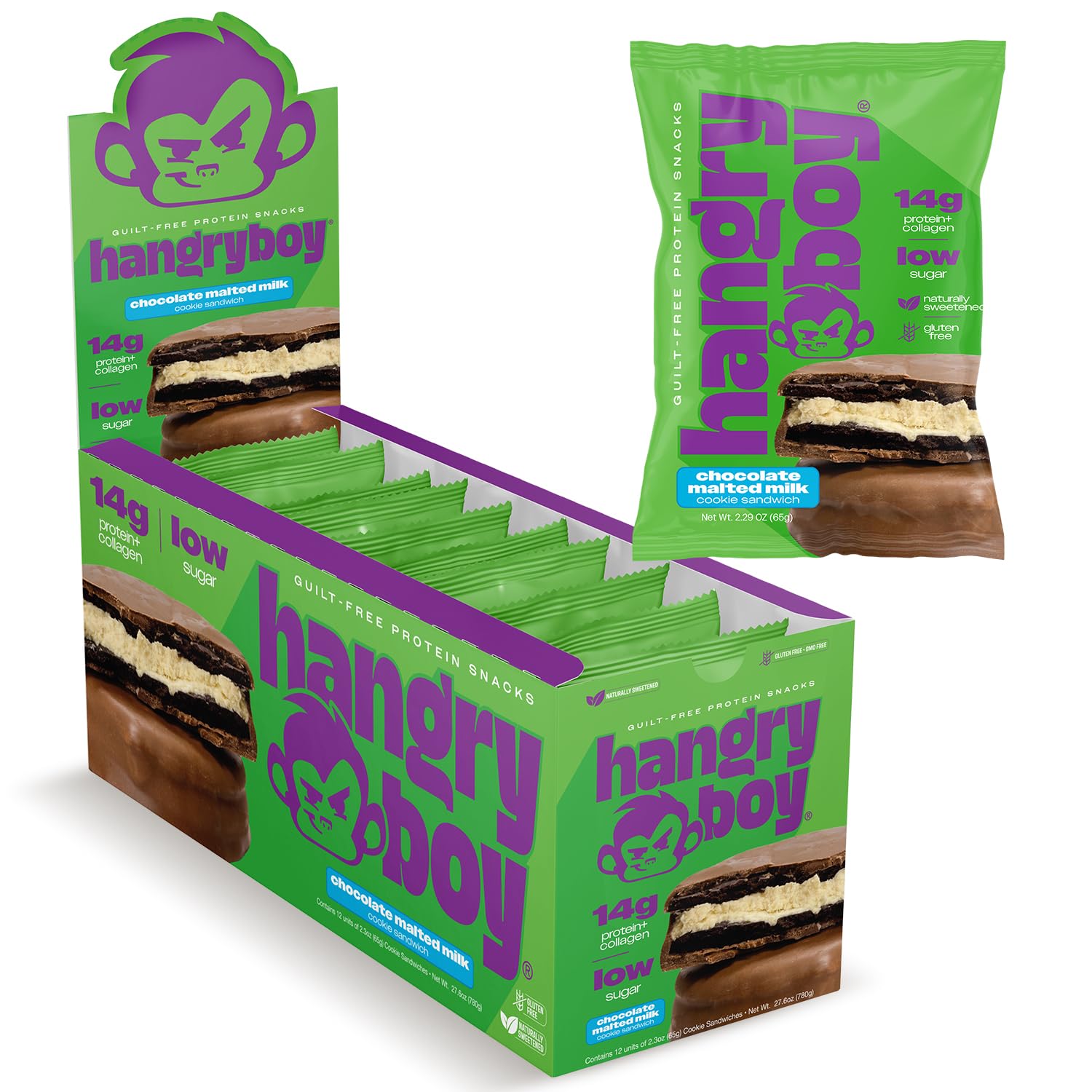Hangryboy Protein Cookie Sandwich chocolate malted milk 12-pack: a convenient high-protein snack