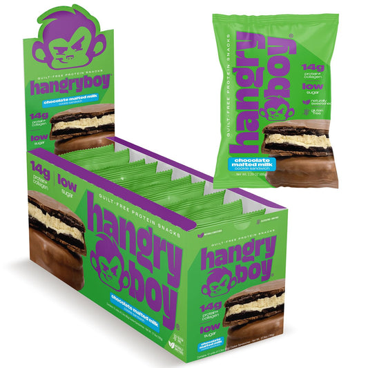 Hangryboy Protein Cookie Sandwich chocolate malted milk 12-pack: a convenient high-protein snack