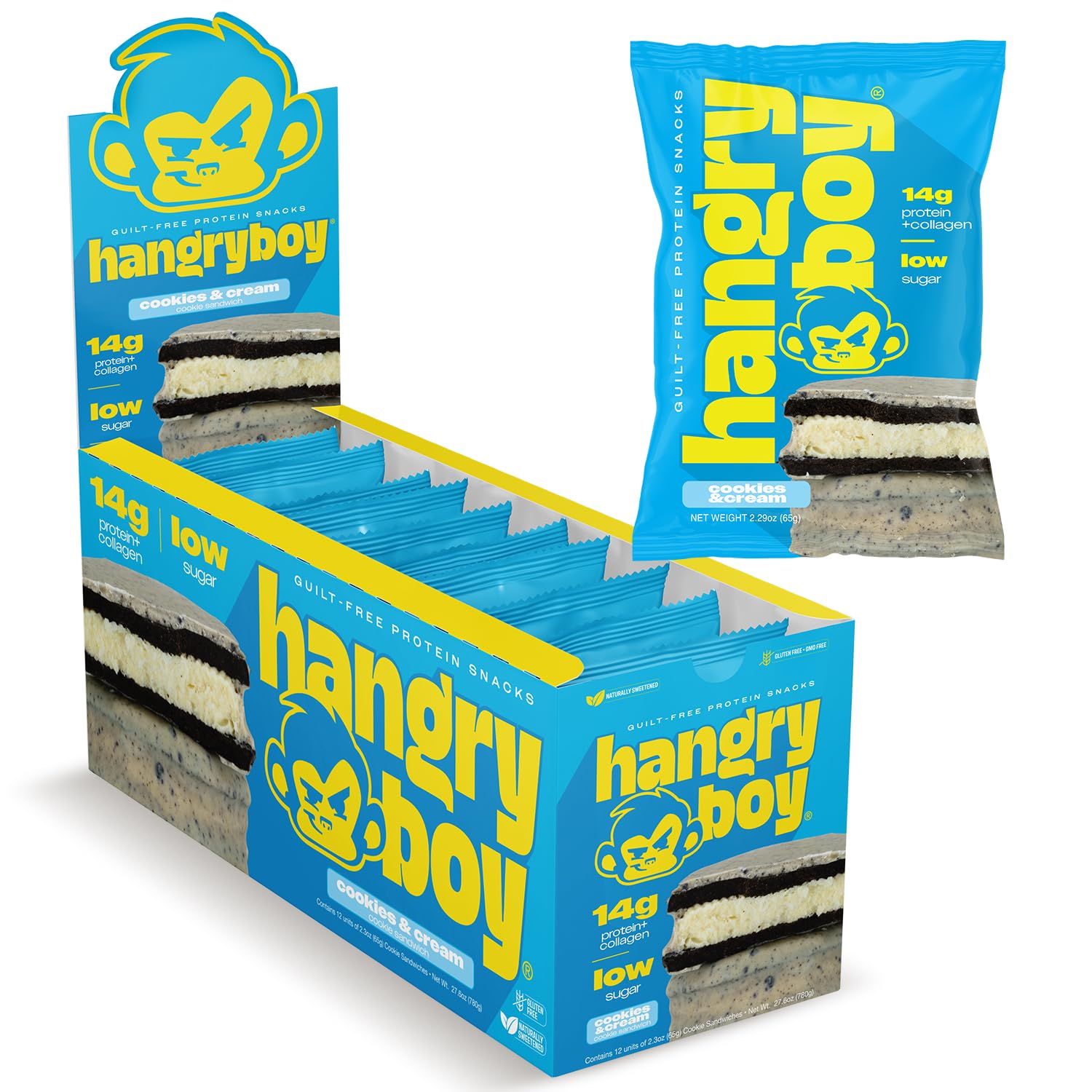 Hangryboy protein cookie sandwich Cookies & Cream pack with 14g protein per serving for post-workout energy.