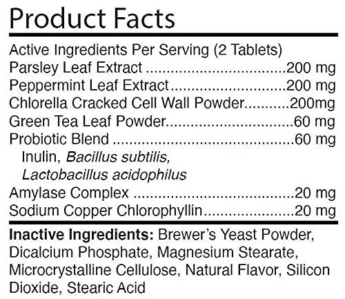 Chlorophyll and mint in Hank & Harley tabs deodorize dog breath.