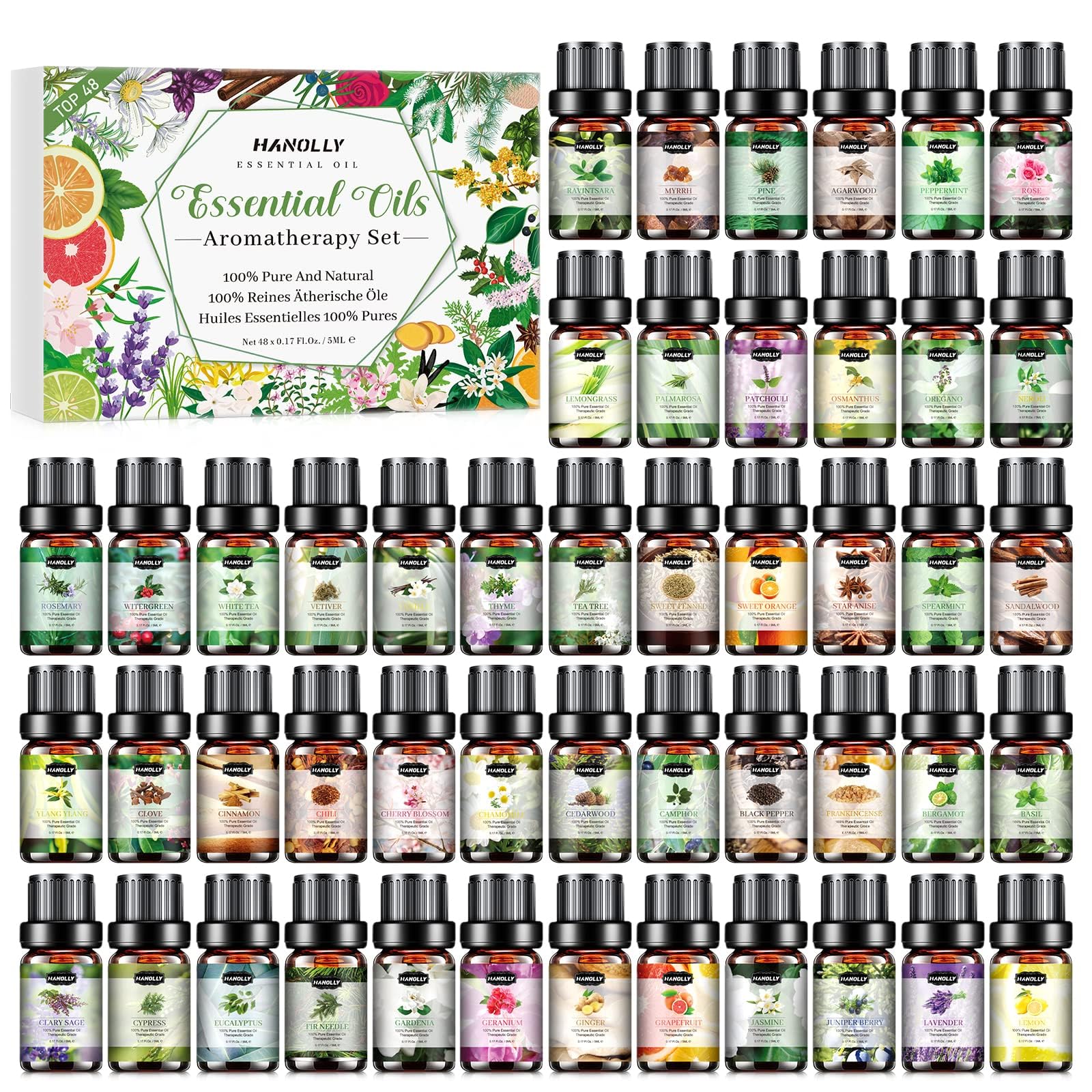 Hanolly 48x5ml essential oils set in dark box for gifting.