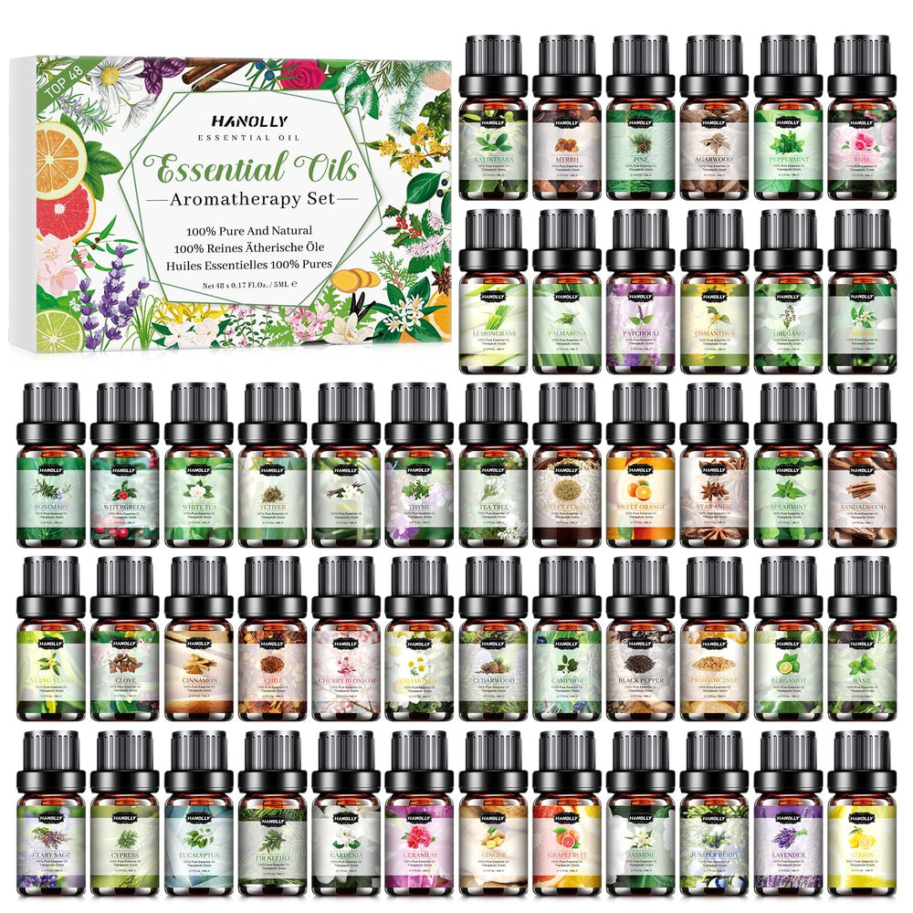 Hanolly 48x5ml essential oils set in dark box for gifting.