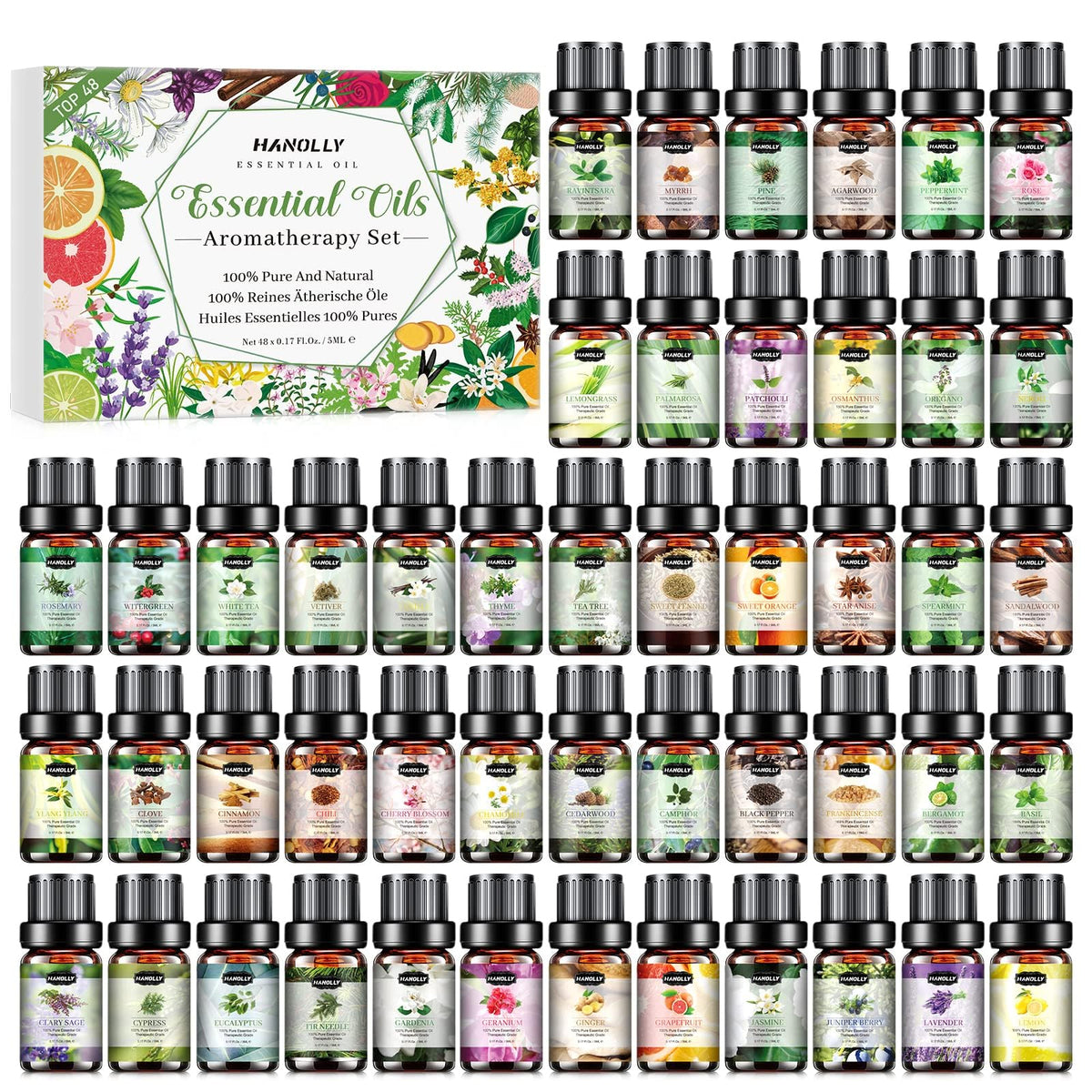 Hanolly 48x5ml essential oils set in dark box for gifting.