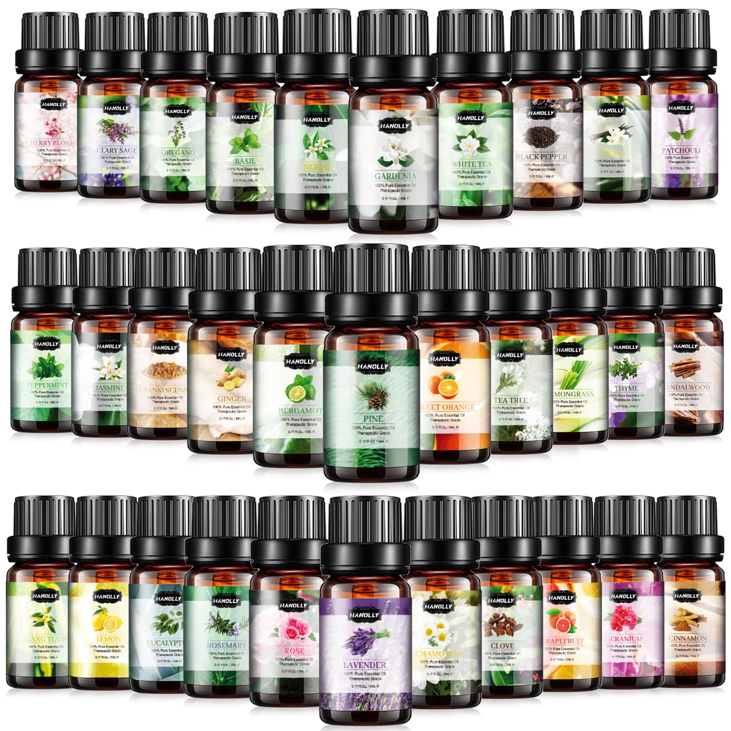 Hanolly Essential Oils Set with 32 bottles, ideal for diffusers and aromatherapy.