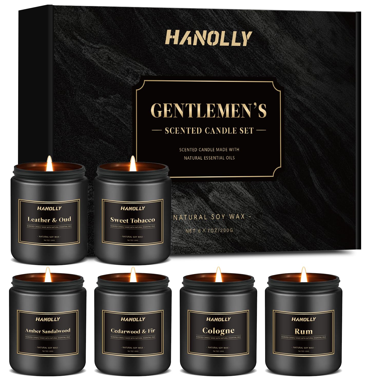 Hanolly Men's Scented Candle Gift Set with Leather Oud jar for bold masculine ambiance.