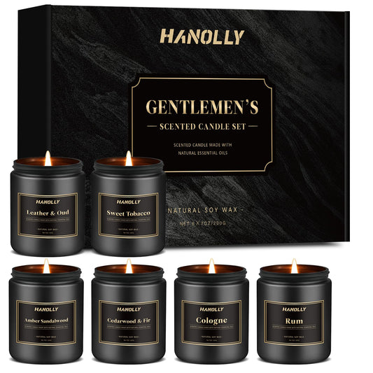 Hanolly Men's Scented Candle Gift Set with Leather Oud jar for bold masculine ambiance.