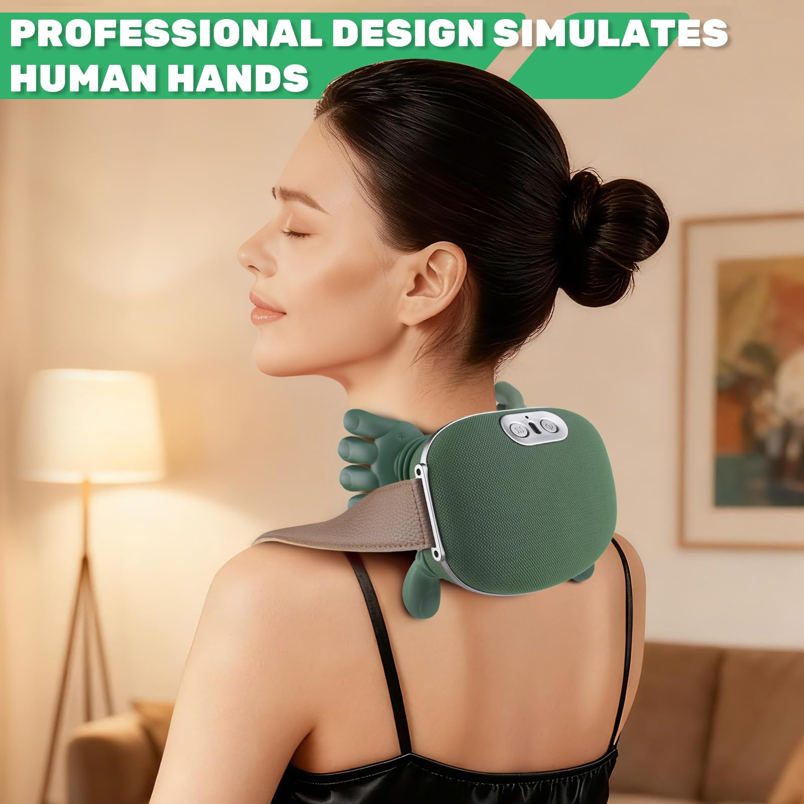 HANQUAN neck massager showing shoulder and back press with customizable comfort levels.